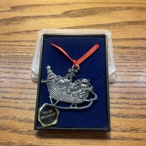 Vintage Pewter Christmas Ornament Sleigh With Presents And Tree Red Ribbon